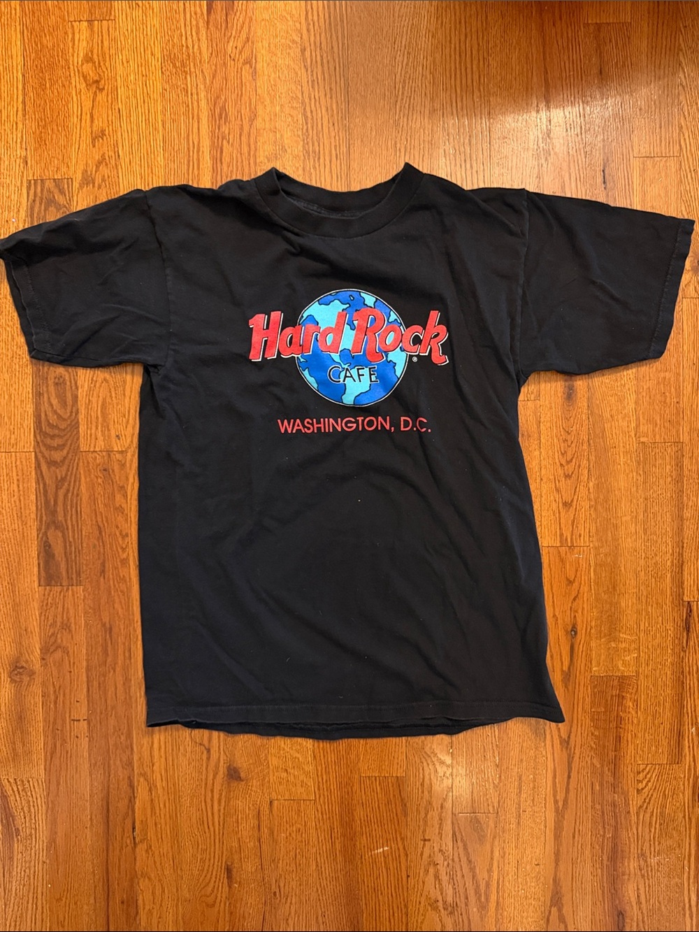 VINTAGE Hard Rock Cafe Black Tee with Red & Blue Globe Logo, Y2K